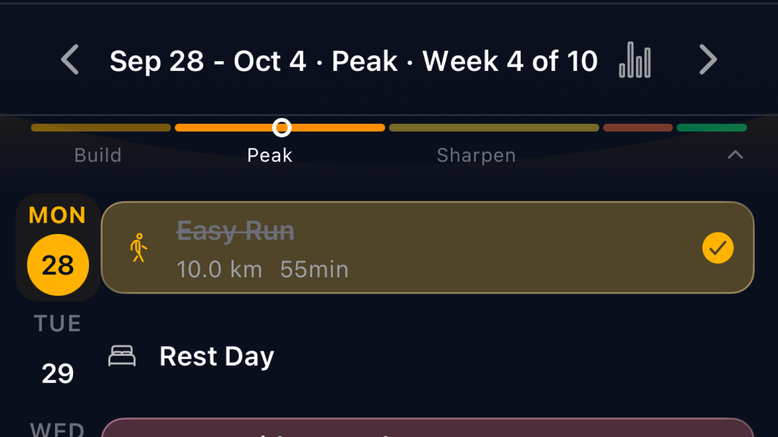 The Running Momma calendar with the week header reading Peak, week 4 of 10, and a phase bar showing build, peak and sharpen